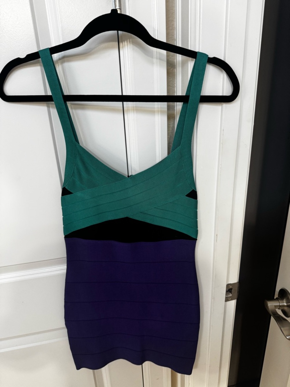 bebe Teal, Black & Purple Bandage Bodycon Dress